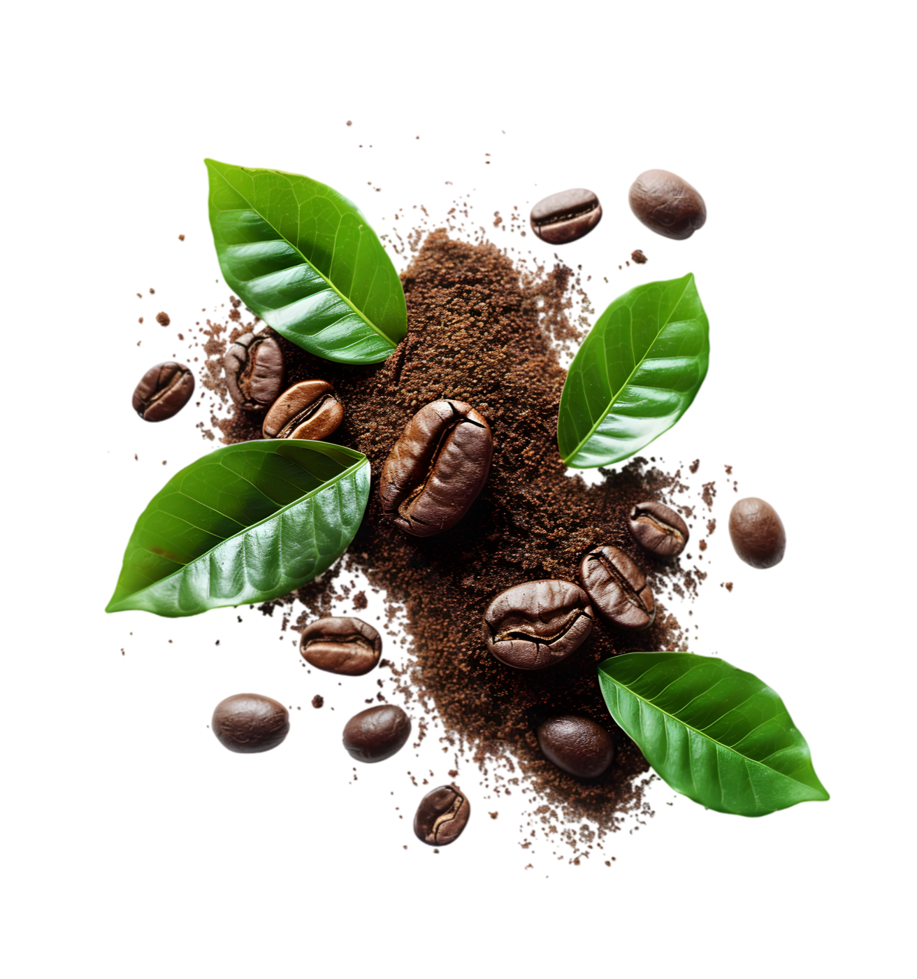 Coffee beans and grounds with leaves